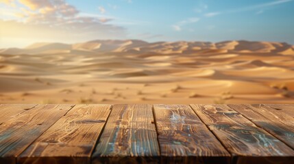 Wall Mural - Blurred desert backdrop with wooden table, drinks to cool off and showcase products with ample space for text.