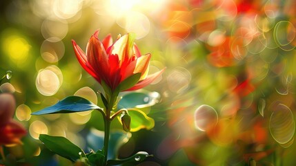 Wall Mural - Close-up of window flower in sunlight with green and red colors