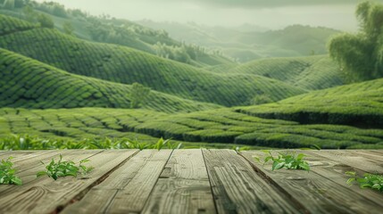 Wall Mural - Green Tea Mountain Landscape with Wooden Table, Relaxing and Fresh Concept for Product Display.