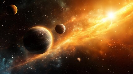 Wall Mural - a space scene with three planets and a sun