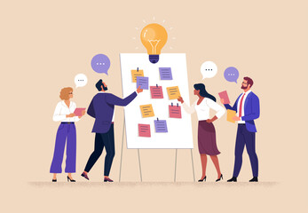 Fototapete - Business Workshop Concept. Vector cartoon illustration of a group of diverse people standing near a board with sticky notes and discussing an idea. Isolated on background.