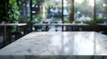 Poster - White marble table with blurred glass window background for product display in a restaurant.