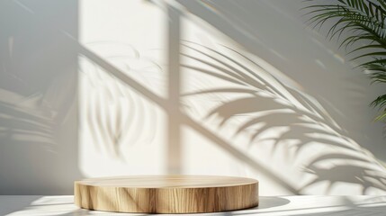 Canvas Print - Wooden podium with palm shadow on white wall for product display.