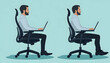 © Adam - A graphic comparison showing proper and improper sitting posture in an office chair, annotated with details