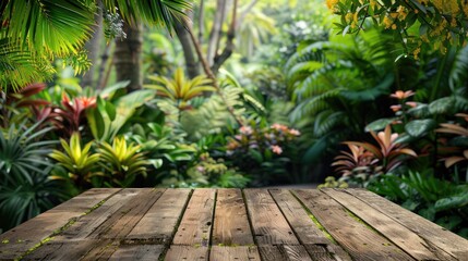 Wall Mural - Wooden table with empty space in garden for product display and montage.