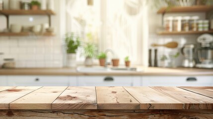 Wall Mural - Blurred kitchen background with wooden tabletop for product displays or design layouts