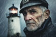© Tetiana - Portrait of an Elderly Lighthouse Keeper with a Glowing Lighthouse at Sunset, Generative AI