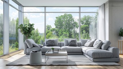 Wall Mural - Cozy grey sofas in bright living room by large window