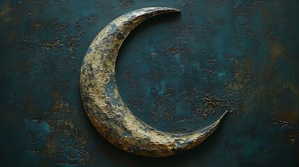 Wall Mural - Golden Crescent Moon Art On Dark Teal Background