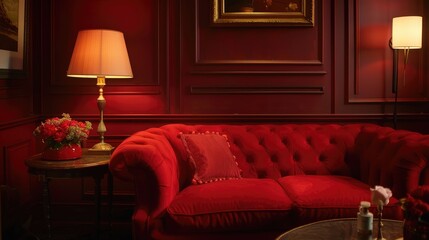 Poster - Living room with red sofa, lamp and table