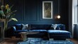 © Lasvu - Room corner featuring a blue velvet couch.