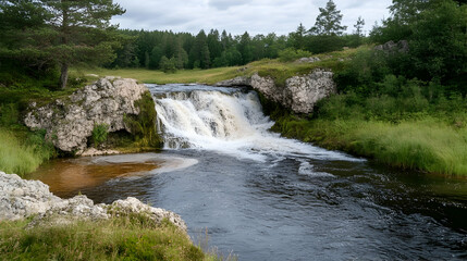 Poster - Serene Waterfall Cascading into River Surrounded by Lush Greenery and Forested Landscape