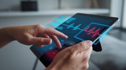 Hands using tablet displaying medical data analysis