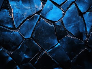 Wall Mural - abstract geometric crystalline formation in deep obsidian black with electric blue veins, dramatically lit from within, creating a mysterious and otherworldly surface texture