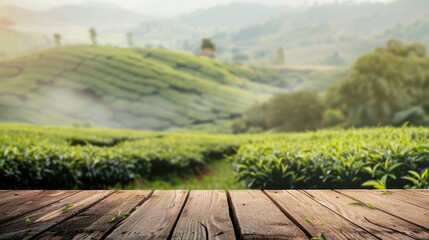 Wall Mural - Wooden table top with blurred tea farm hill background, ideal for product placement with space for text.