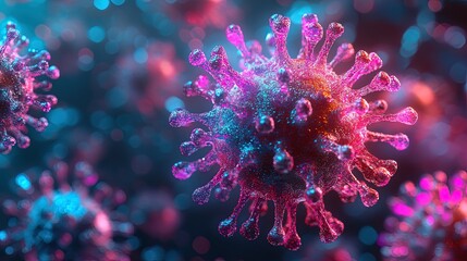 Close-up of a holographic virus spreading through code, neon colors, digital matrix background 