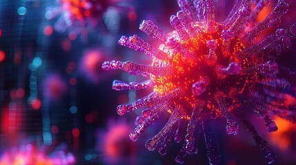 Close-up of a holographic virus spreading through code, neon colors, digital matrix background 