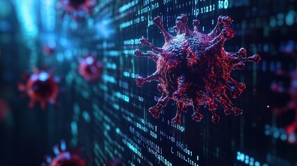 Close-up of a holographic virus spreading through code, neon colors, digital matrix background 