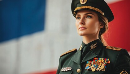 Empowered female military commanders in decorated uniforms celebrate their strength and leadership on Woman Day.