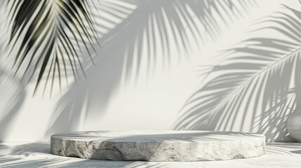 Canvas Print - Blank white wall with palm shadows and stone podium for display. Space for decoration, product presentation, mockup.