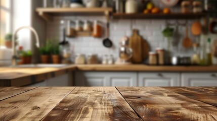 Wall Mural - Blurred kitchen background with wooden tabletop for product displays or design layouts