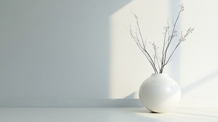 Wall Mural - Minimalist interior design with white vase and dry branches casting shadows