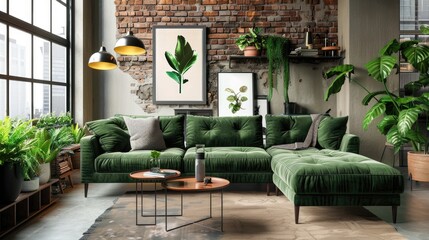 Poster - Chic loft with green sofa, mock-up poster, furniture, plants, and stylish decor.