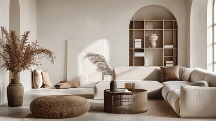 Poster - Contemporary living room interior with modular sofa, rattan armchair, dried flowers, coffee table, decor, and stylish personal accessories.