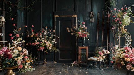 Poster - Decorated Black Room with Vintage Decor and Flowers