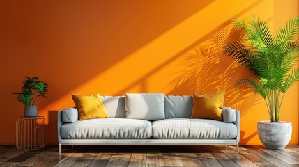 Wall Mural - Interior design with stylish sofa, potted plant, and orange wall