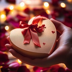 Poster - A hand gracefully holding a heart-shaped gift box with a ribbon, symbolizing love and affection, perfect for Valentine's Day themes.

