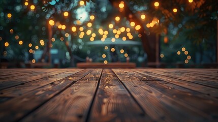 Wall Mural - Modern wooden terrace with night festival bokeh lights, space for product display, vintage tones