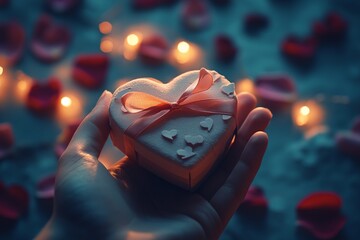 Fototapete - A hand gracefully holding a heart-shaped gift box with a ribbon, symbolizing love and affection, perfect for Valentine's Day themes.

