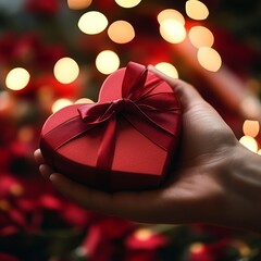 Aufkleber - A hand gracefully holding a heart-shaped gift box with a ribbon, symbolizing love and affection, perfect for Valentine's Day themes.

