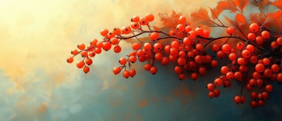 a branch with red berries on a textured background.
