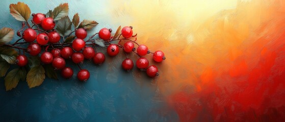a branch with red berries on a textured background.