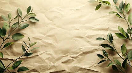 Poster - Green leaves bordering crumpled brown paper background for copy space