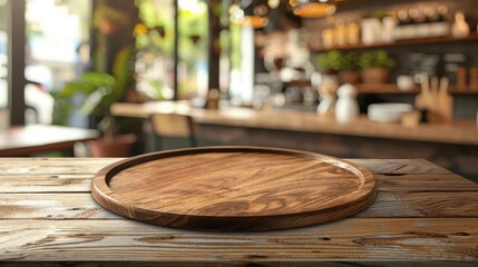 Wall Mural - Vintage style concept for product display with empty wooden plate on table and soft blurry restaurant background for branding.