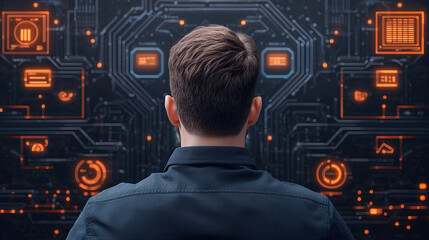 Wall Mural - man in dark shirt stands before digital interface with glowing orange metrics, symbolizing futuristi