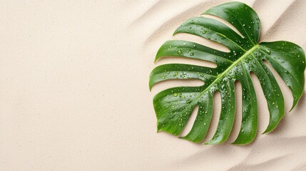 Wall Mural - Monstera leaf on sandy beach background with water droplets