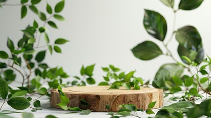 Poster - Wooden podium with green leaves on white background for organic product display.