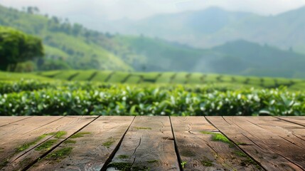 Wall Mural - Wooden table top with blurred tea farm hill background, ideal for product placement with space for text.