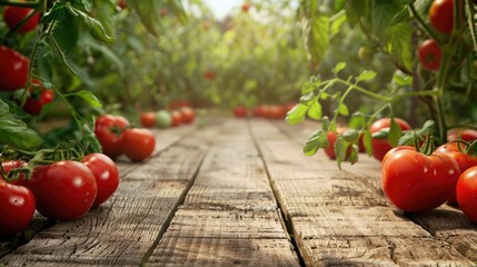 Wall Mural - Wooden table top with tomato field background for product display design.