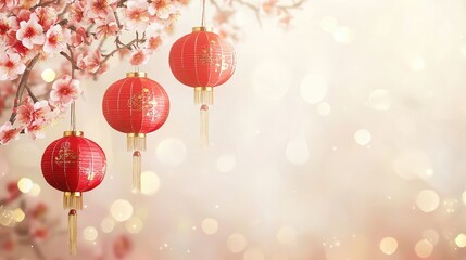 Wall Mural - elegant chinese new year scene with red lanterns featuring gold accents, hanging among blooming cher