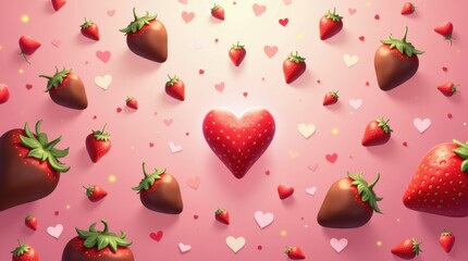 Wall Mural - Valentine's day love wallpaper with heart and strawberries romantic atmosphere digital art