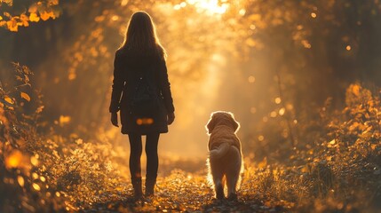 Poster - A woman stands beside her golden retriever in a lush forest during sunset, surrounded by vibrant autumn leaves, creating a peaceful and serene atmosphere.