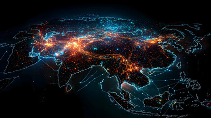 Wall Mural - illuminated map of asia, showcasing digital connections and network patterns, symbolizing technology