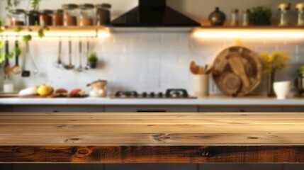 Wall Mural - Blur kitchen counter decoration with wooden table top for product display montage with cooking food concept background.