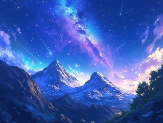 Wall Mural - milky way galaxy stretching across mountain peaks, bioluminescent aurora borealis, shooting stars, c