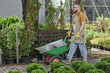 © Seventyfour - Full length of male horticulturalist wearing apron carrying loaded wheelbarrow along path immersed in fresh greenery while working in plant nursery